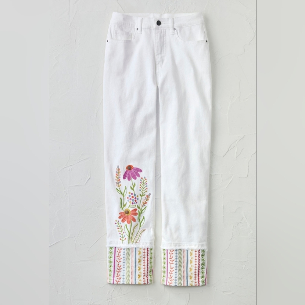 Coldwater Creek White Jeans with Floral Embroidery
